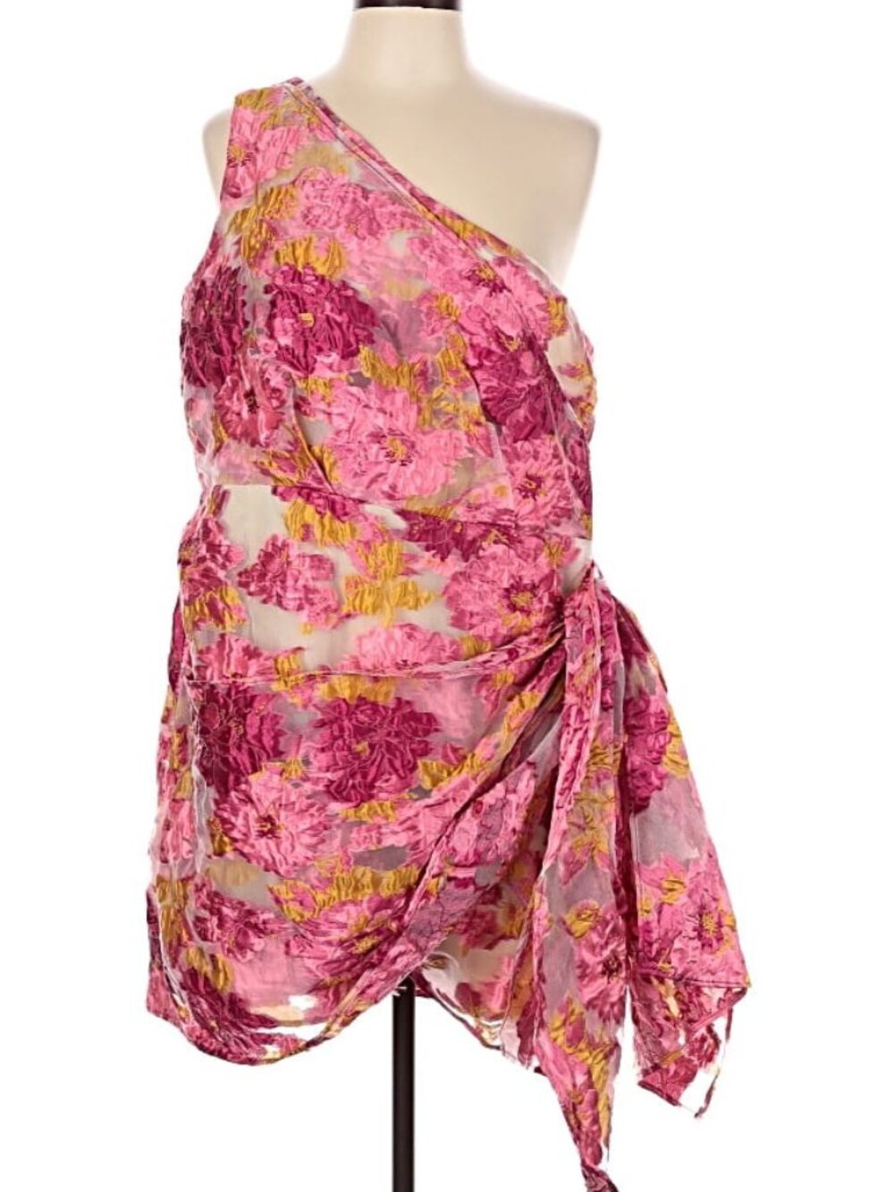 One Shoulder Wrap Front Pink Jacquard Mini Dress
